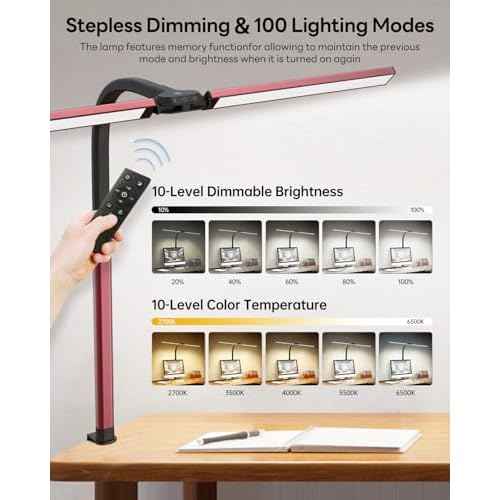 LED Desk Lamp for Home Office, Eye-Caring Desk Light with Clamp, Stepless Dimming 24W Double Head Architect Task Lamp with Remote Control, Flexible Gooseneck for Working Studying Reading Drafting£¨RED)