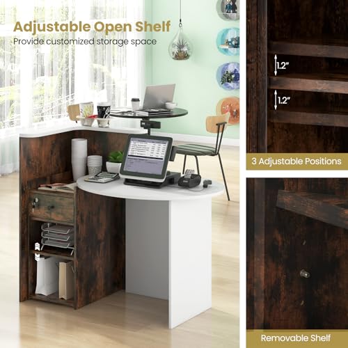 GIANTEX Brown & White Reception Desk with Lockable Drawer & Adjustable Shelves