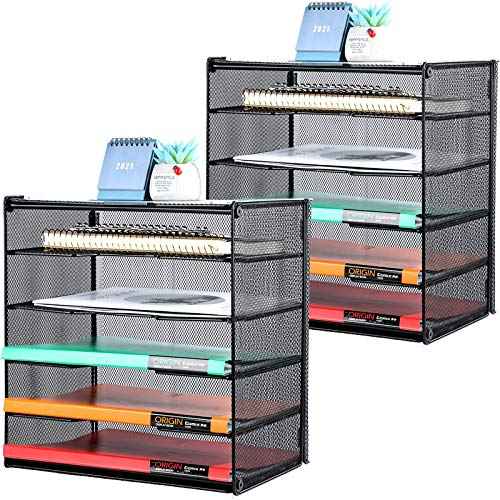 Samstar 2 Pack Paper Letter Tray, Mesh Desk File Organizer with 5 Tier Shelf and Sorter, Black
