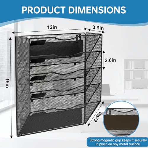 KZWKRG Black 5-Tier Magnetic Wall File Holder - No Drilling Office Organizer