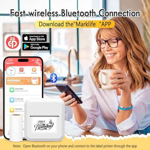 HuiJuKeJi Label Maker Machine with 50 * 30mm Tape, S2 Portable Bluetooth Mini Label Printer Maker with Personalize Templates, Inkless Thermal Sticker Printer for Home/Office/Business/Organization