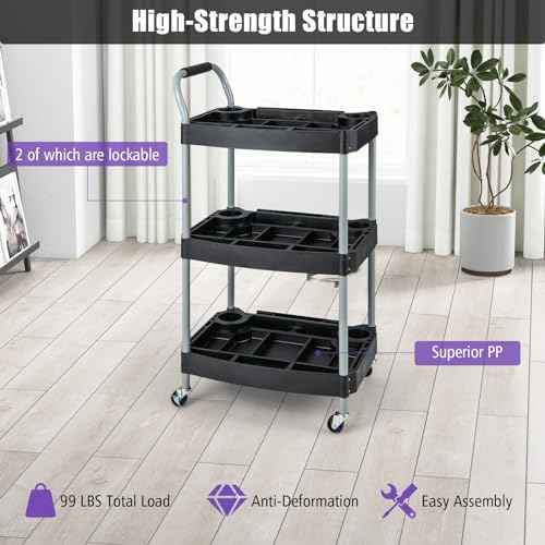 Goplus 3-Tier Rolling Cart, Mobile Tool Cart with Built-in Organizer Divider, Universal Lockable Wheels, Sponged Handle, Utility Cart for Home Garage Workshop (23.5" x 18" x 42")