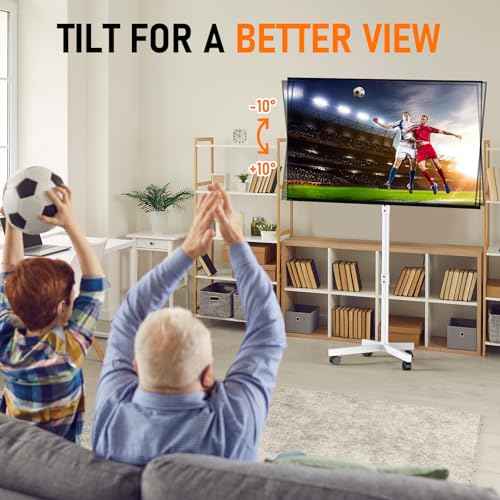 Mobile TV Cart Rolling TV Stand for 23-60 Inch LCD LED OLED Flat Curved Screens up to 88 lbs, Height Adjustable Portable TV Cart with Shelf & Wheels, Outdoor TV Stand Mount, Max VESA 400x400mm, White