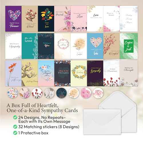 24 Pack Unique Sympathy Cards with Envelopes - 4 x 6 in, Bulk Box Set of Bereavement and Condolence Card Assortment with Short Sympathy Messages for Comfort