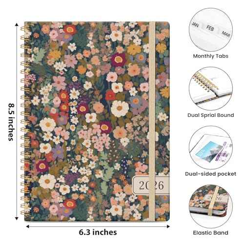 2026 Planner, Weekly and Monthly Planner for Women, January 2026 - December 2026, Hardcover 2026 Calendar Planner Book with Tabs, Inner Pocket, Spiral Bound, Perfect for Office Home School Supplies - A5 (6.3" x 8.5"), Petals
