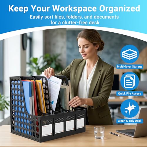 Ysenchan Black Plastic Magazine File Holder & Desk Organizer - 4 Compartments
