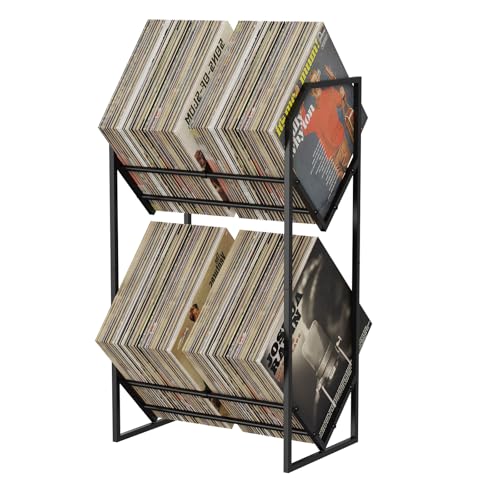 PAPAGIFTREE 2 Tier Vinyl Record Storage Rack - Holds up to 200 LPs, Metal Display Shelf with Adjustable Dividers