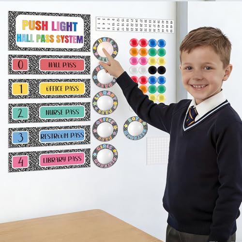 VIHOSE Classroom Hall Pass Set with Push Light, 6 Composition Notebook Design, Organizer Kit for Teachers & Students