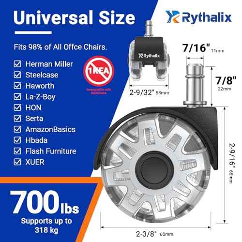 2.5" Office Chair Wheels Set of 5 - Desk Chair Caster Wheels, Smooth & Quiet, Universal Fit for Most Office/Desk/Gaming Chairs, Safe on Carpets & Hardwood Floors