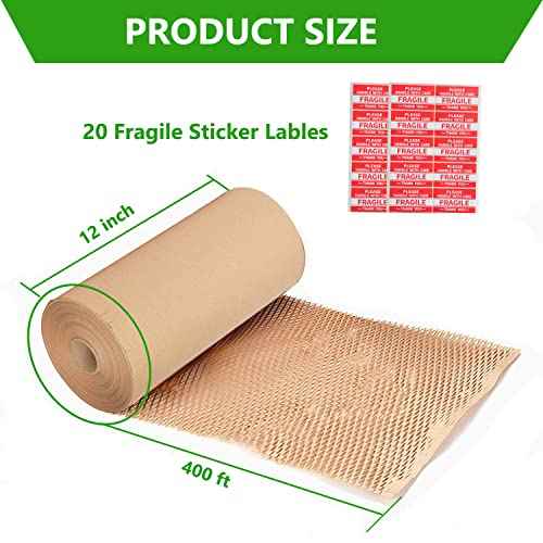 Honeycomb Packing Paper Wrap 12"x400' Sustainable Alternative to Bubble Cushioning Wrap Biodegradable & Fully Recylable for Moving/Shipping/Packing Roll with 20 Fragile Stickers