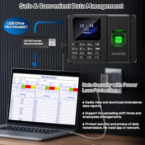 KUIIYER 2 in 1 Time Clocks for Employees Small Business (Fingerprint + Password) Employee Clock in & Out Machine Attendance Punch Clock