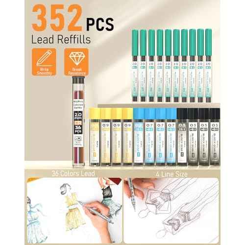 Nicpro Blocky Gear Metal Mechanical Pencil Set with Leather Case, 40PCS Art Drafting Pencil 0.5, 0.7, 0.9 & 2mm Lead Pencil with 352PCS (HB 2H 4H 2B 4B 6B Color) Lead Refills for Sketching Drawing