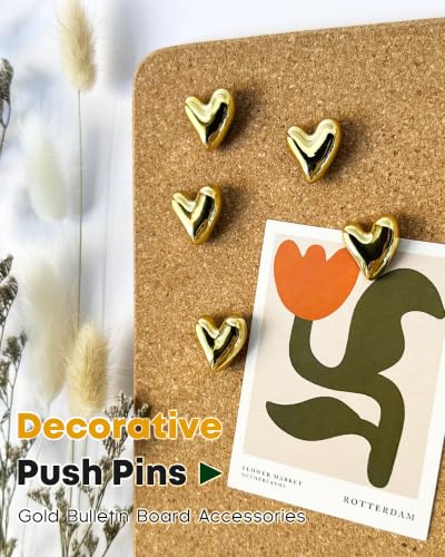 30 Pcs Gold Heart Push Pins - Decorative Office/Home Bulletin Board Accessories (30Pcs-Gold) KEYDUACU