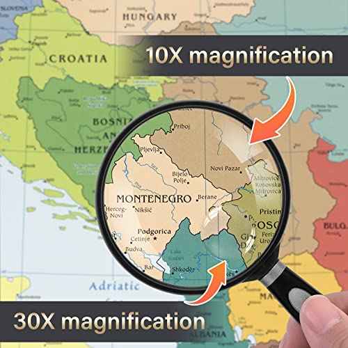 Feosky Handheld Reading Magnifier, 10X 30X Magnifier, 75mm Shatterproof Lens, Non-Slip Handle for Adults Close Work, Seniors Reading and Kids Nature Exploration, Hobby Observation(Silver)