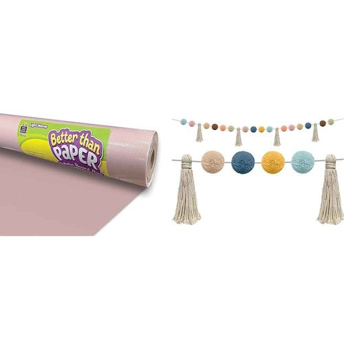 Light Mauve Better Than Paper® Bulletin Board Roll & Everyone is Welcome Pom-Poms and Tassels Garland (TCR7157)