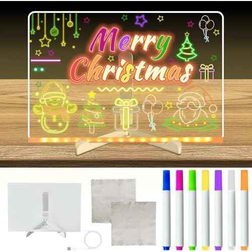 LED Note Board with Colors, Light Up Acrylic Message Board, Glowing Acrylic Dry Erase Board with Light, Led Drawing Board for Kids with Stand, 7 Markers (Large 11.8 * 7.9 inches)