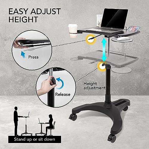 Pro Desk Mobile Laptop Cart on Wheels with Storage — Height Adjustable Sit/Stand, EHO