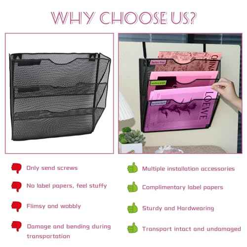 3 Pockets Mesh Wall File Holder Organizer Office Hanging File Folder Magazine Rack, Nametag Label Hooks Set Included (Black)