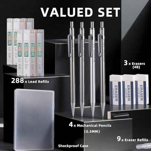 0.5mm Mechanical Pencil Set with Case - 4PCS Metal Mechanical Pencils, 8 Tubes HB #2 Lead Refills, 3PCS 4B Erasers and 9PCS Eraser Refills, Lead Mechanical Pencils for Writing & Drawing