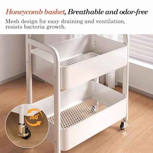3-Tier Metal Utility Rolling Cart with Drawer & Wooden Table Top£¬with Fixed Wheel Locks,for Small Spaces Kitchen Storage£¬Office Bookshelves, Bedroom Racks, and Bathroom Storage. (White)