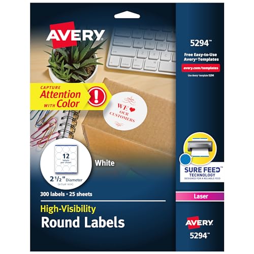 Avery 2.5-Inch Round Printable Labels - 300 Matte White Stickers for Branding & Packaging