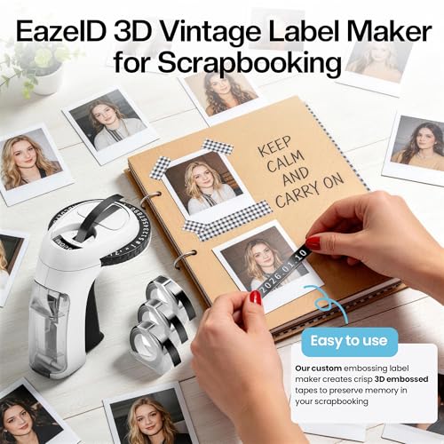 EazeID Vintage Embossing Label Maker with 3 Tapes - White, No Batteries Needed