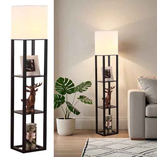 HomeFocus - Floor Lamp with Shelves,Shelf Floor Lamp with LED Bulb,Bookshelf Corner Display Lamp for Living Room,Bedroom and Office,White Linen Shade,Rustic Wood,Black