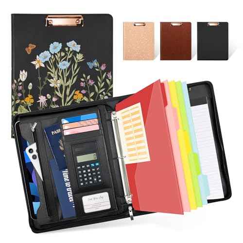 Ospelelf Leather Portfolio Folder with Zipper - 3 Ring Binder with Clipbard - Calculator, 12.1¡± Tablet Sleeve, 5 Dividers with 10 Pockets, Refillable Notepad, Card Holder (Bushes)