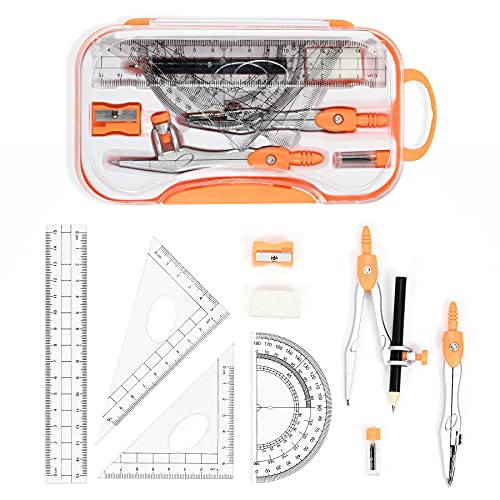 Unjoo Orange Geometry Set 10 Pcs Student Supplies with Compass & Protractor
