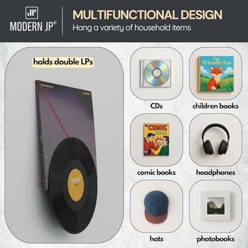 Modern JP Adhesive Vinyl Wall Mount (4-Pack) ? Dual Display Album and Disc, Strong Hold Record Holder Wall, Record-Safe Easy Installation, Album Wall Mount for 1LP and 2LP ? Clear