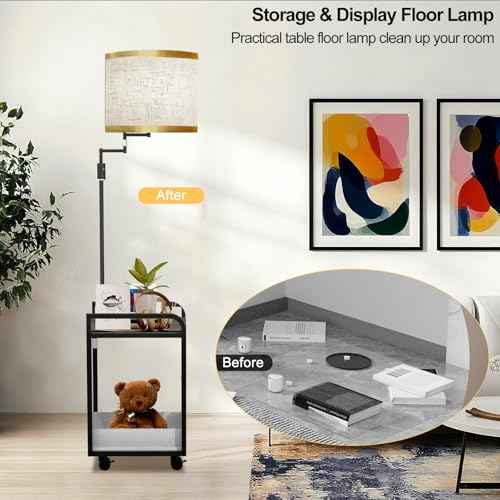 Lightdot 63IN Floor Lamps with Storage Table&Basket, Modern Standing Tall Lamps with Adjustable Fabric Lampshade and Movable&Fixed Casters, Coner End Table Lamp for Living Room/Bedroom/Office-Black