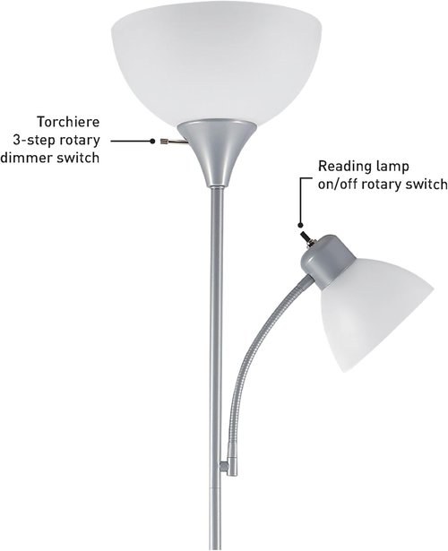 Globe Electric 67134 Torchiere Floor Lamp - Adjustable Reading Light with 3-Step Dimming | Silver Frosted Shade
