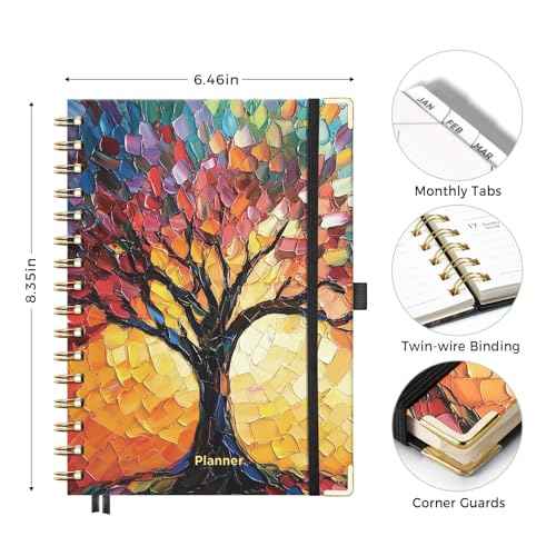 AHGXG 2026 Planner, Weekly and Monthly Planner for Women, Jan 2026 - Dec 2026, Medium Size (5.7" x 8.3"), Calendar 2026, Hardcover with Monthly Tabs, Spiral-Bound, 100 GSM Thick Paper, Colourful Tree