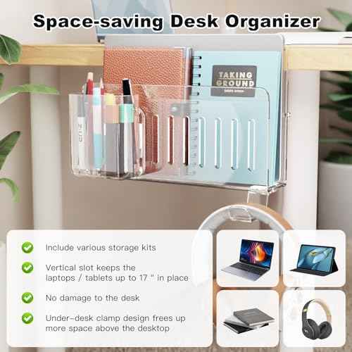 Acrylic Desk Side Storage,Under Desk Laptop Holder Storage Clamp on desk shelf,With Pen Holder and Headset Hook,Clear Desk Side Hanging Organizer accessories (transparent)