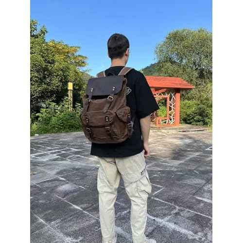 Genuine Leather Canvas waxed Backpack Travel Rucksack Laptop Bag Army Green