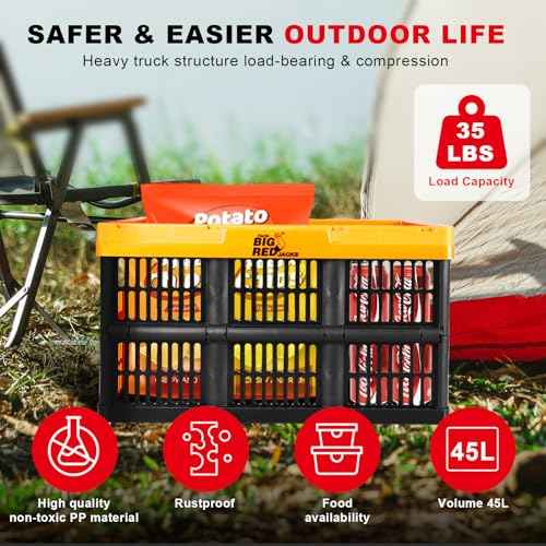 BIG RED Collapsible, Foldable, Stackable Storage Milk Crate Baskets with Handles: Ideal for Organizing Tools, Books, Food, Drinks, Camping & Transport - 45L, Red/Black (3 Pack)