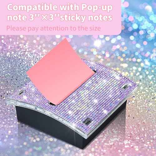 Rhinestone Self Sticky Note Holder Post it Note Dispenser Pop-Up Sticky Notes Dispenser 3 x 3 inch Post it Dispenser for Office Desk Accessories(Purple)