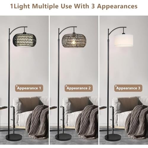 Arc Floor Lamp with 3 Color Temperatures,Black Floor Lamp with Remote Control, Boho Standing Lamp with Rattan Wicker Shades, Farmhouse Tall Pole Lamp for Living Room Bedroom