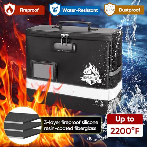 BALEINE Fireproof Waterproof Document Box with Lock, 12.5x10.5x6 Inch, Black - Medium Size