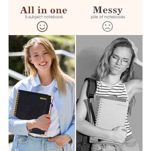 Hardcover Large Spiral Notebook 8.5" x 11" with Removable Dividers Tabs, 300 Pages Leather 5 Subject Notebook College Ruled, A4 Journal for Women Men, Notebooks for Work School Note taking,Black