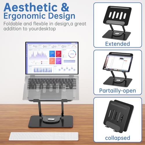 GleYo Black Rectangle Adjustable Laptop Stand - 360° Rotating, Foldable & Portable, Ergonomic Mount for MacBook Air/Pro 16 inch