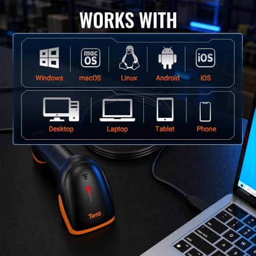 Tera Wireless Barcode Scanner with Stand - 1D/2D/QR 3-in-1, Orange