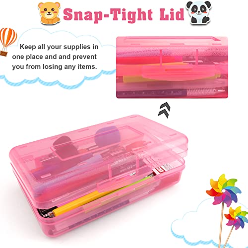 BOEIAC 1pcs Clear Pink Large Capacity Pencil Box with Snap Lid - Stackable & Durable