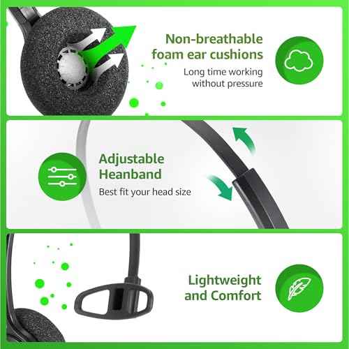 IPD Phone Headset for Office and Call Center Wired QD to RJ9, IPH-210 monaural-Compatible with Polycom VVX,Avaya,Nortel,NEC,Fanvil,Mitel landline Phones