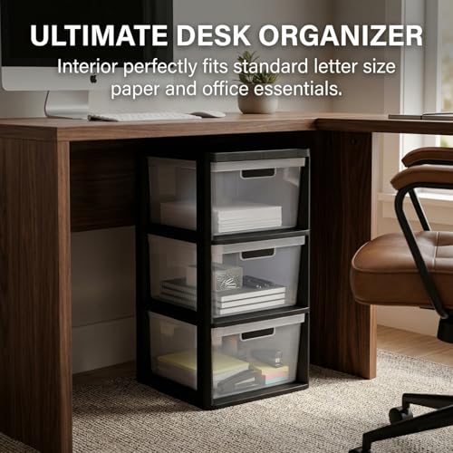 Black 3-Drawer Plastic Storage Tower Organizer with Clear Removable Bins