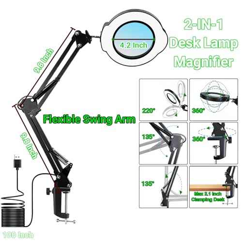 15X Magnifying Glass with Light and Clamp, 5 Color Modes 10 Levels Adjustable Brightness, 2-in-1 Desk Lamp with Clamp, Hands Free Magnifier with Dust Cover for Craft Hobby Reading Repair Close Works