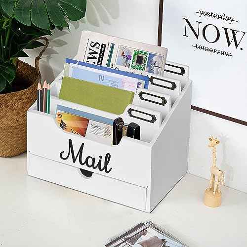 Mail Holder with 4 Compartments and Drawer, Wood Mail Holder Sorter Holder,Countertop Desk Office Accessories for File Letter Paper Folder, Drawer Storage