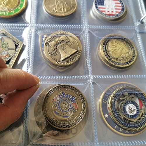 120 Pockets Challenge Coin Display Album Large Military Coin Collection Holder, Leather Storage Book with Zipper and Handle for Gold Silver Dollars, Pennies, Quarters, Stamps Collection
