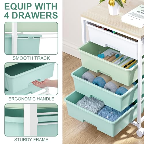 Utility Cart with 4 Drawers,Rolling Storage Cart with Drawers,Storage Rolling Drawer Cart with Wooden Tabletop for Bedroom,Kid's Room,Dorm,Classroom,Office,Green