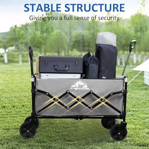 Collapsible Wagon Folding Utility Cart, Beach Wagon 352LBS Heavy-Duty with Adjustable Handles, 5" Quiet Swivel Wheels, Lightweight (11lbs) for Groceries, Camping, Moving, Gray